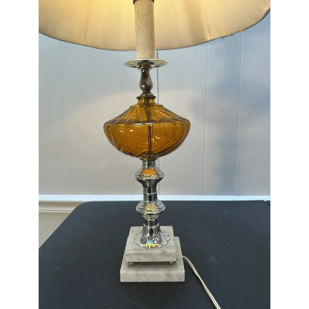 Vintage‎ Amber Glass Table Lamp Marble Base Chrome Metal Pleated Shade 29